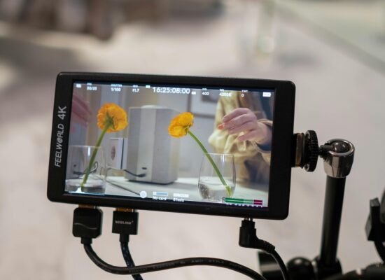 Camera monitor displays hand arranging yellow flower in glass vase.
