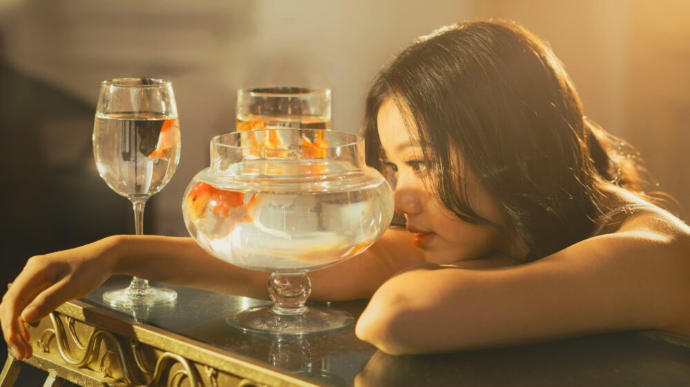 Person gazes at goldfish in bowl and glasses, sunlight streaming.