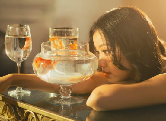 Person gazes at goldfish in bowl and glasses, sunlight streaming.