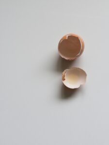 Two broken eggshell halves on a plain white surface.