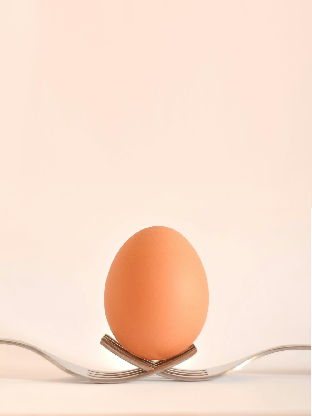 Brown egg balanced on two crossed forks, minimal background.