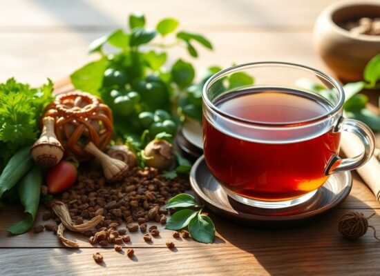Chinesische Heilkräuter und Tee auf Holztisch, beruhigende Stimmung