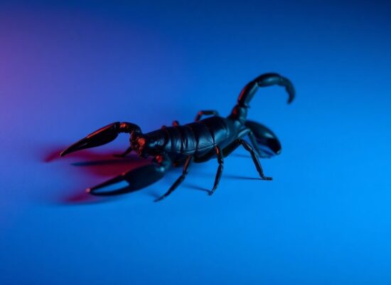 Black scorpion on blue background with dramatic lighting.
