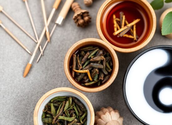 Herbal tea, yin-yang bowl, wooden sticks, and fresh leaves.