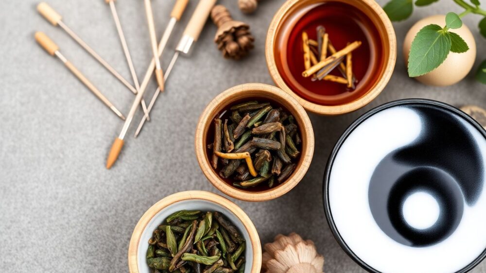 Herbal tea, yin-yang bowl, wooden sticks, and fresh leaves.