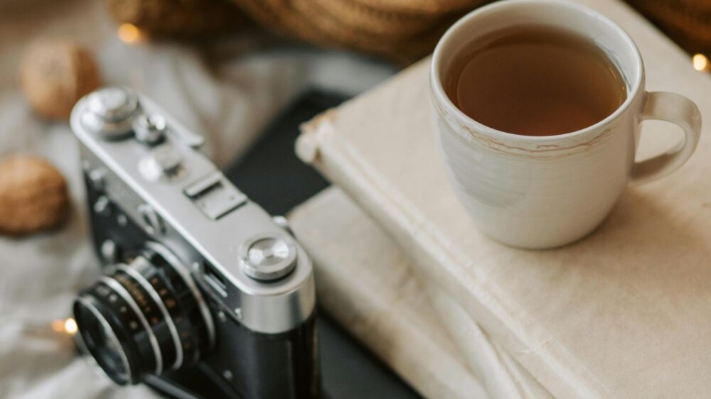 Cup of tea, books, vintage camera, cozy blanket, walnuts.