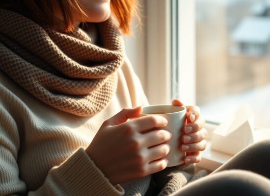 Person mit Schal, Tee und Decke bei Erkältung
