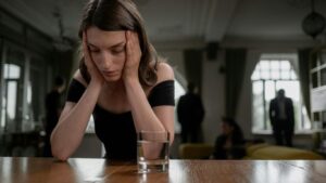 Person sitting at table, head in hands, glass of water.